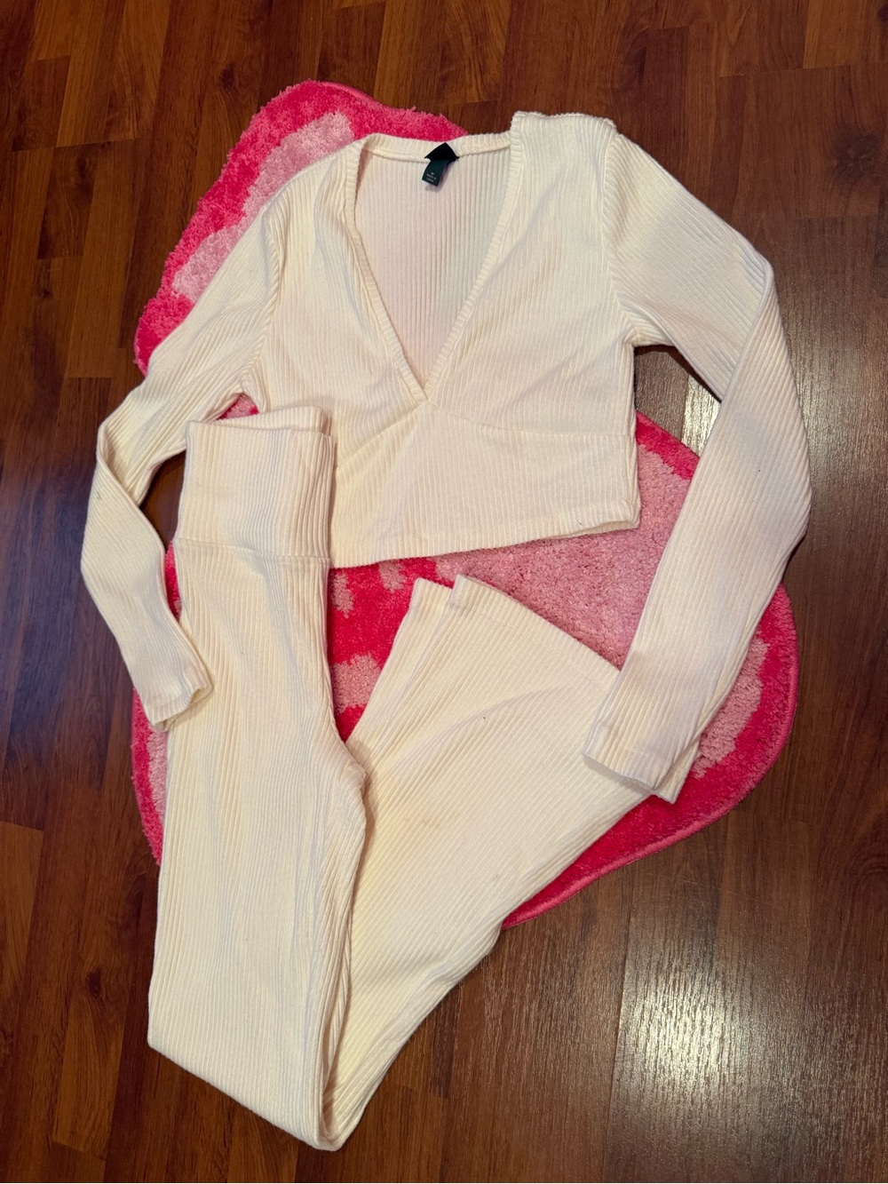 Soft Ribbed Deep V Lounge Set - Cream